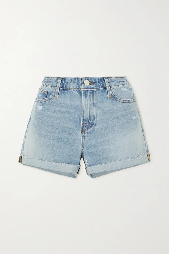 FRAME - Le Grand Garcon Distressed Frayed Denim Shorts - Blue