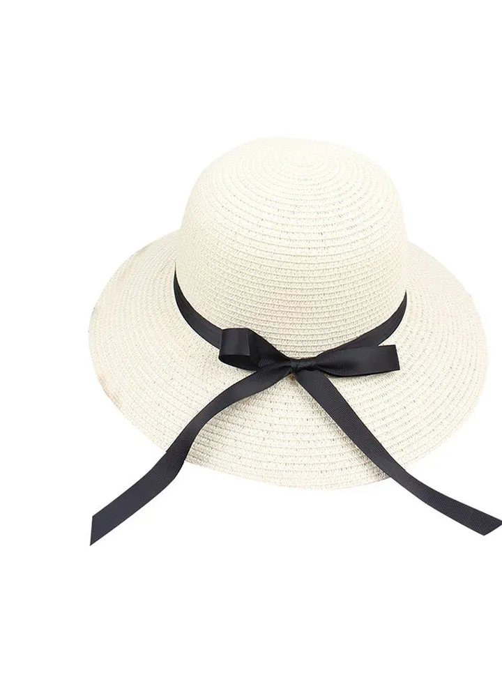 Straw Hat With Ribbon Bow White