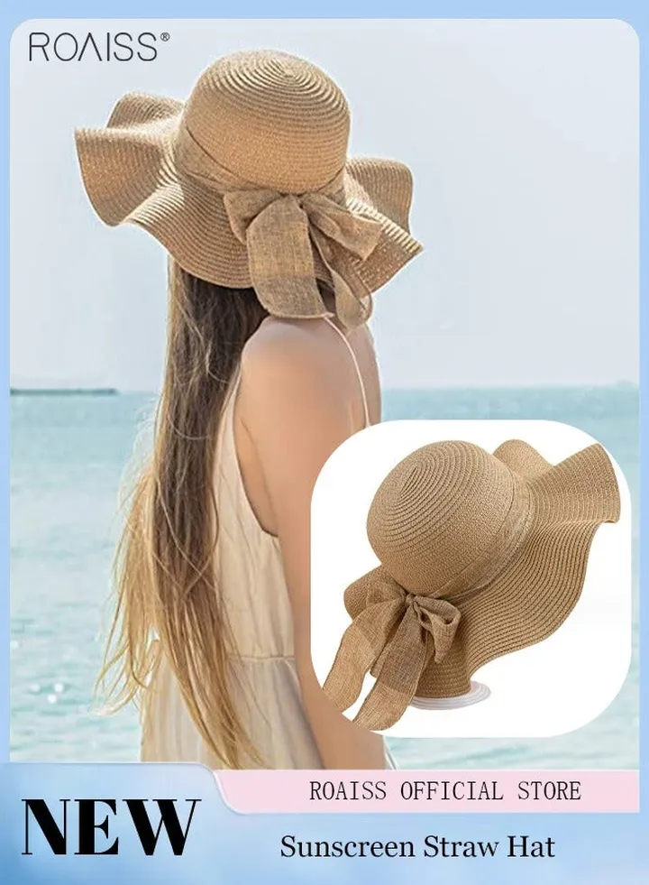 Women'S Fashion Sunshade Hat Lace Hollow Woven Big Brim Beach Hat Ruffle Design Foldable Flower Woven Fisherman Hat