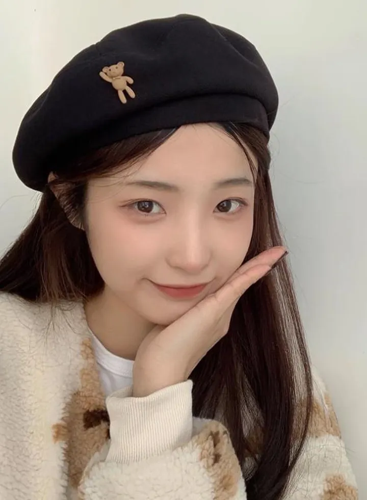 French Style Lovely Bear Design Autumn Winter Windproof Beret Cap Outdoor Warm Hat for Women Girls Black One Size