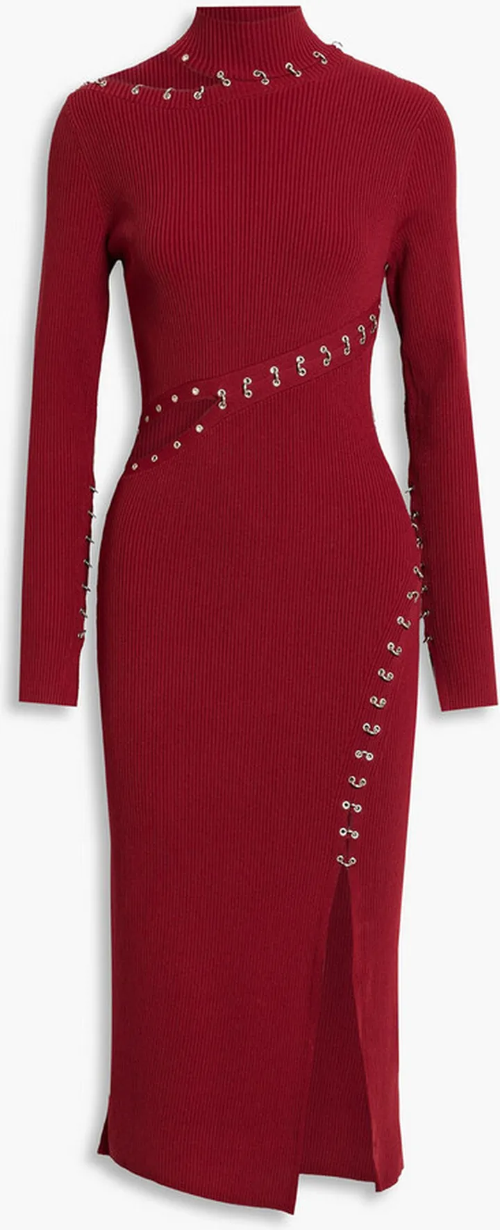 Saba cutout ring-embellished ribbed-knit turtleneck midi dress