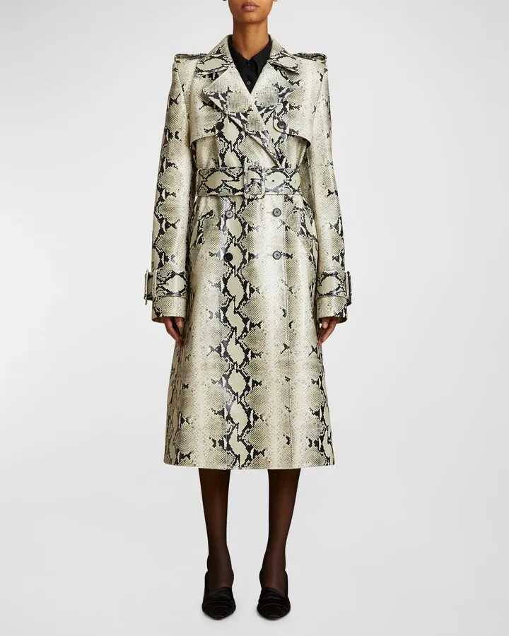 Jaden Snakeskin-Print Leather Double-Breasted Trench Coat
