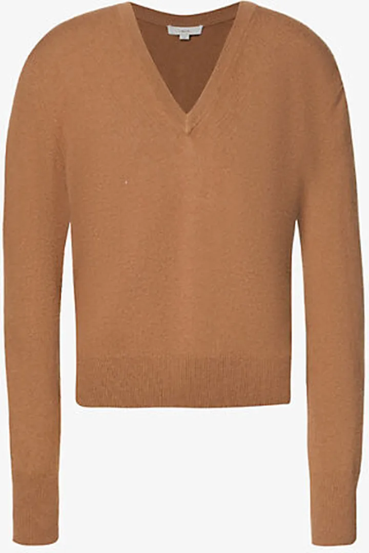 Womens Mocha V-neck Stretch-wool Blend Jumper