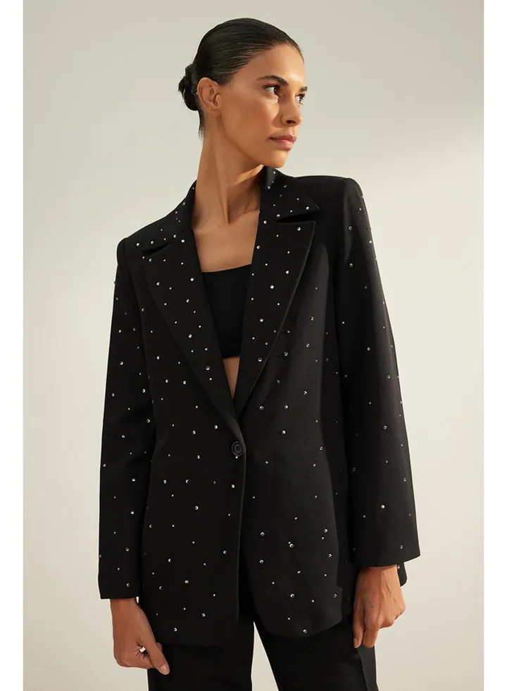 Black Regular Lined Stone Woven Blazer Jacket TWOAW24BC00078