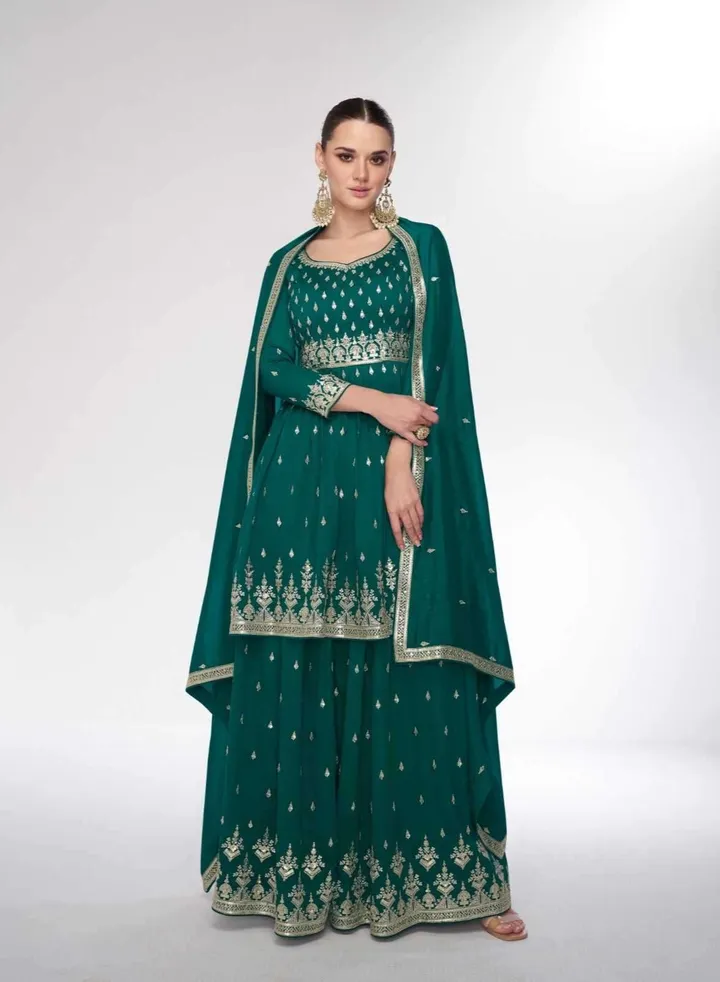 Ready To Wear Cotton Silk Green Plazo Suit Festival Wear Having Embroidery With Dupatta