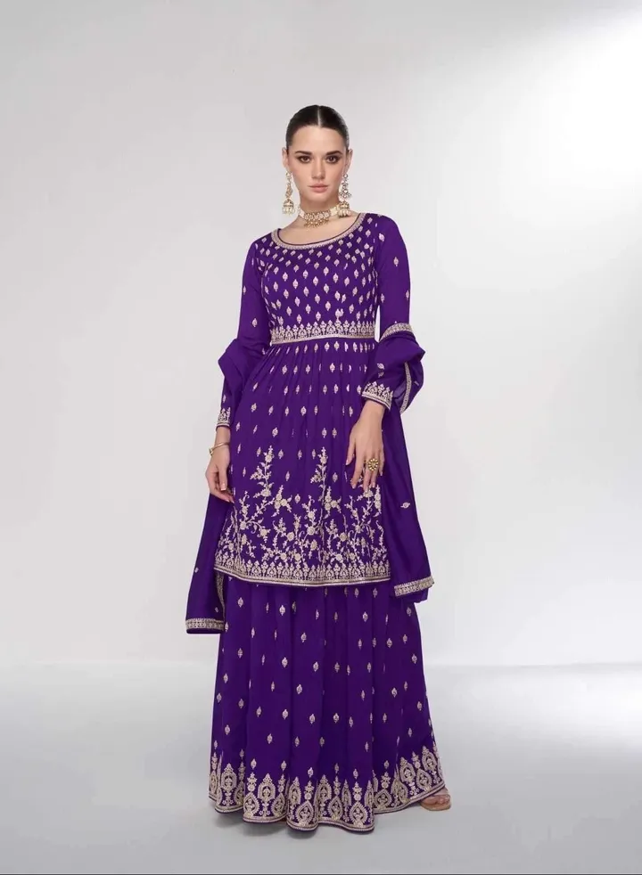 Ready To Wear Cotton Silk Purple Plazo Suit Festival Wear Having Embroidery With Dupatta