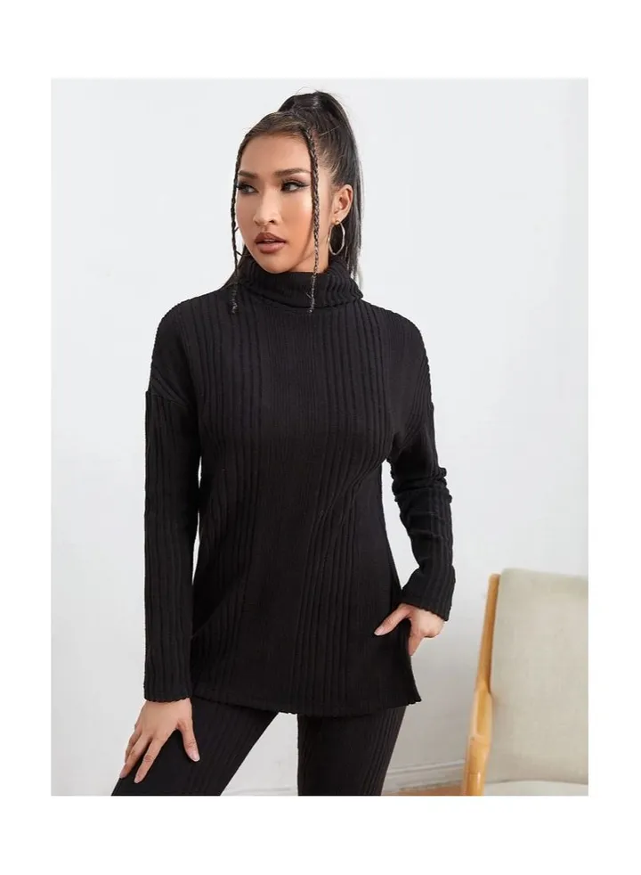 Leggings with a solid color turtleneck top