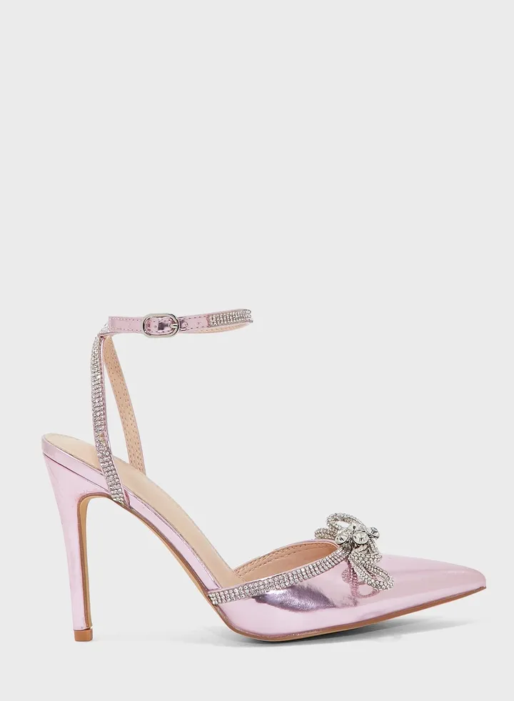 Metallic Diamante Bow And Trim Pointed Pump