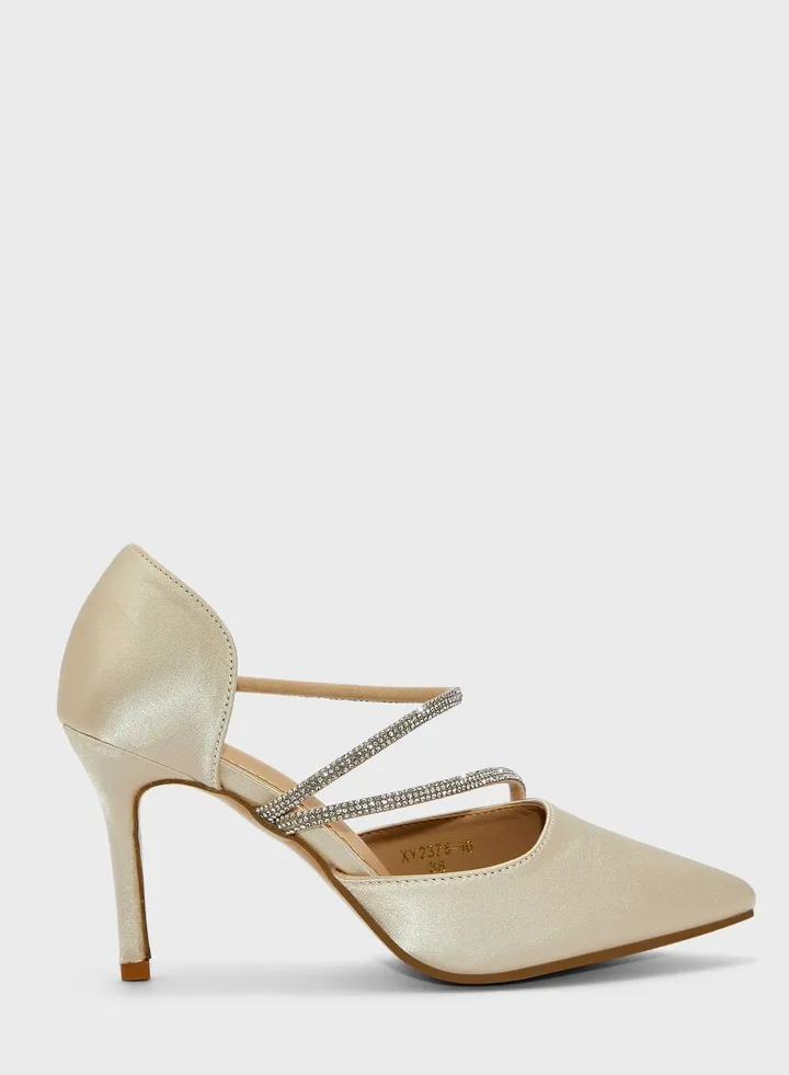 Diamante Double Strap Satin Pointed Pump