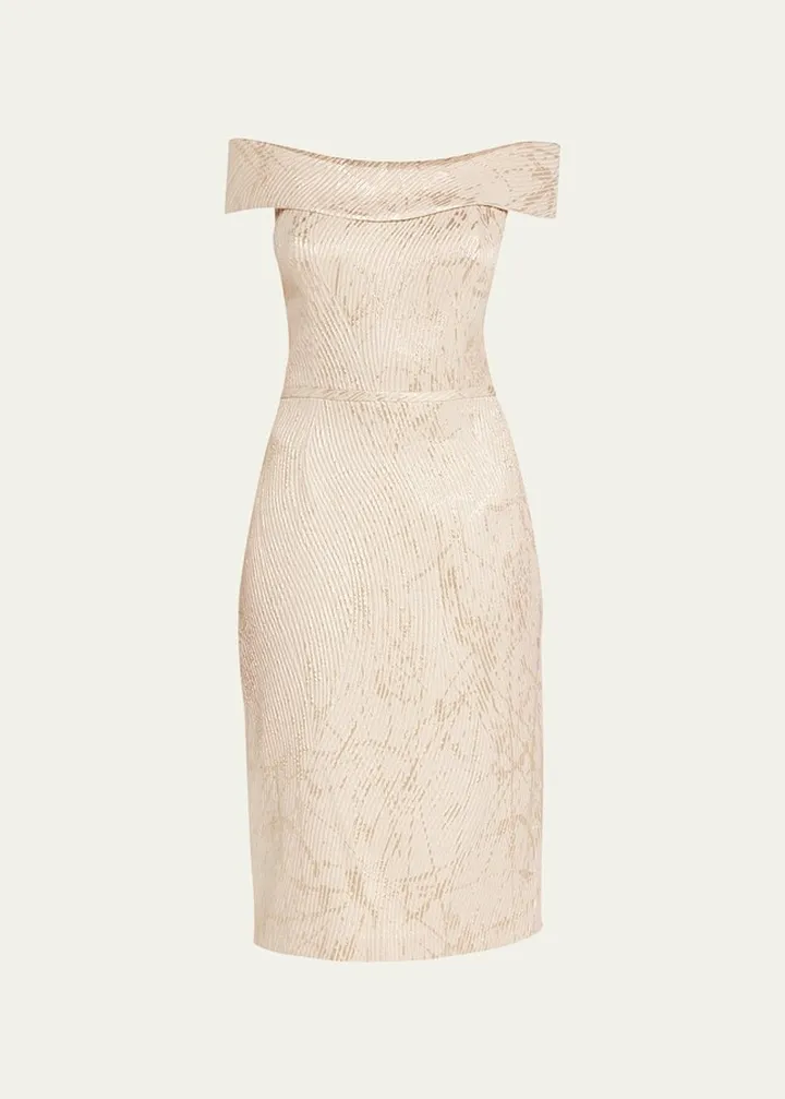 Off-Shoulder Metallic Jacquard Midi Dress