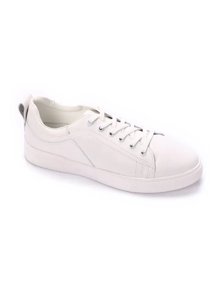 Genuine Leather Men Lace Up Sneakers - White
