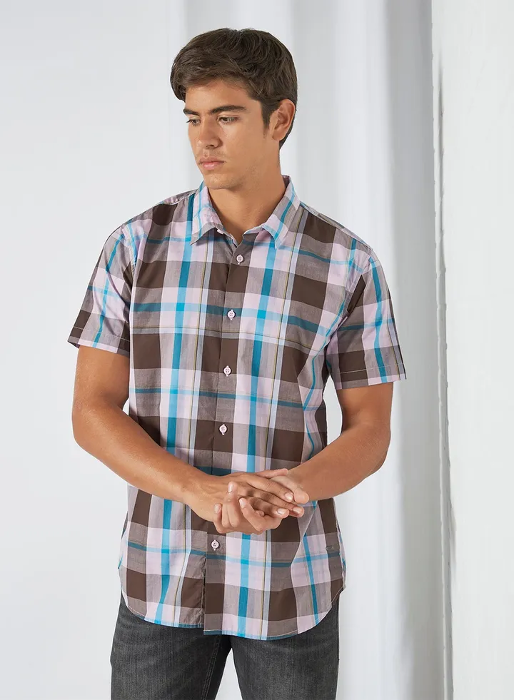 Checkered Pattern Regular Fit Collared Neck Short Sleeve Shirt Wood Brown/Blue