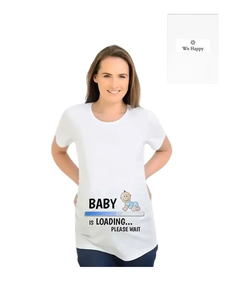 Women Maternity Cotton T Shirt - Cartoon Printed Baby is Loading Short Sleeve Round Neck Breathable Pregnancy Casual White Shirt
