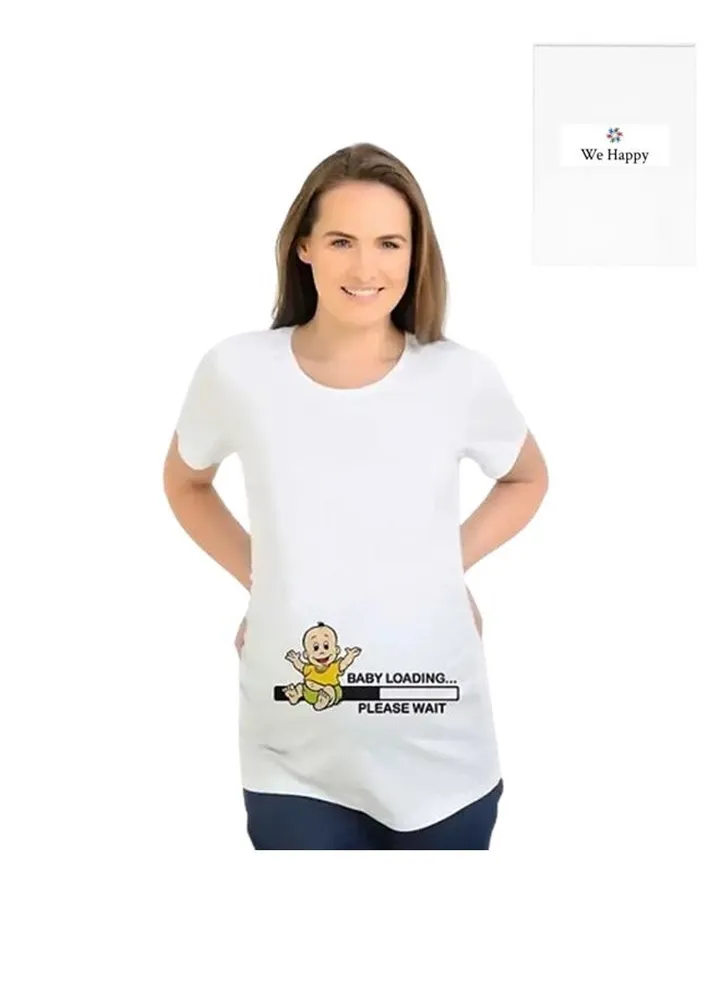 Women Maternity Cotton T Shirt - Cartoon Printed Baby is Loading Short Sleeve Round Neck Breathable Pregnancy Casual White Shirt