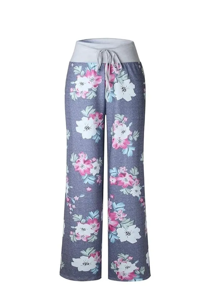 iChunhua Women's Comfy Stretch Floral Print Drawstring Palazzo Wide Leg Lounge Pant