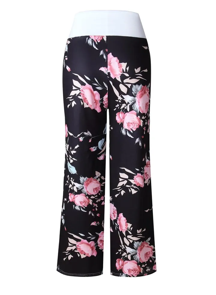 iChunhua Women's Comfy Stretch Floral Print Drawstring Palazzo Wide Leg Lounge Pant