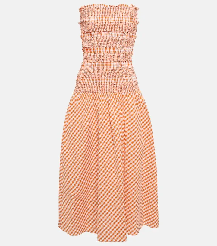 Shirred gingham cotton midi dress