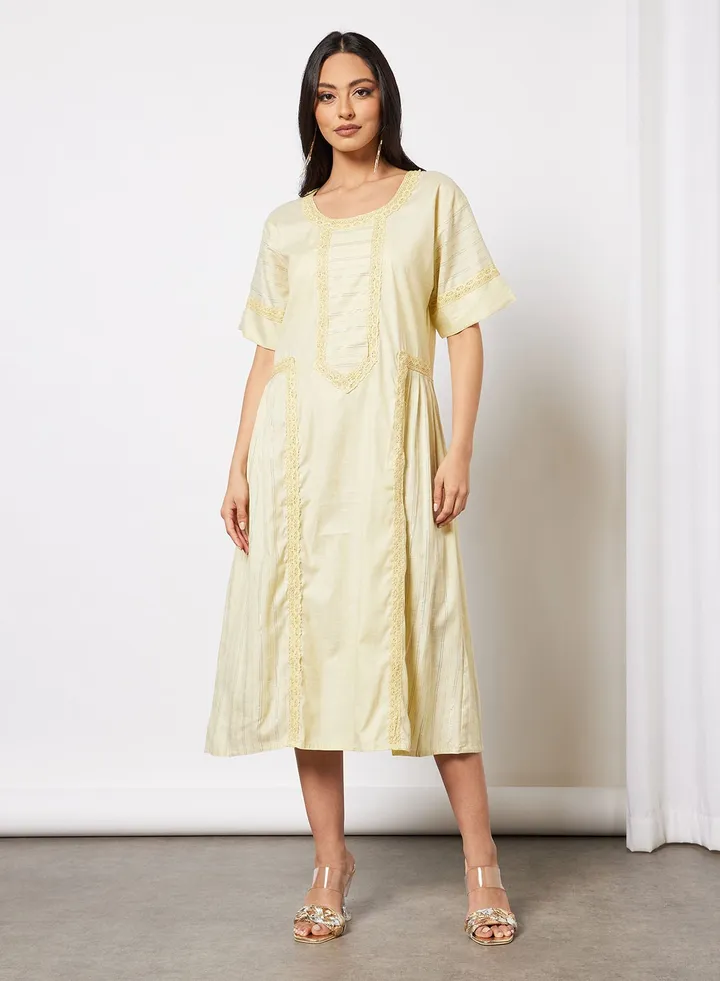 Casual Cotton Lace Round Neck Jalabiya With Embroidery For Women