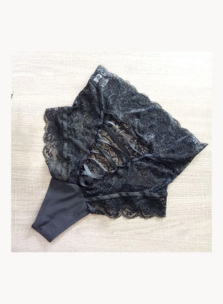 Women's See Through Lace Lace-up High Waist Panties Briefs Underwear Black