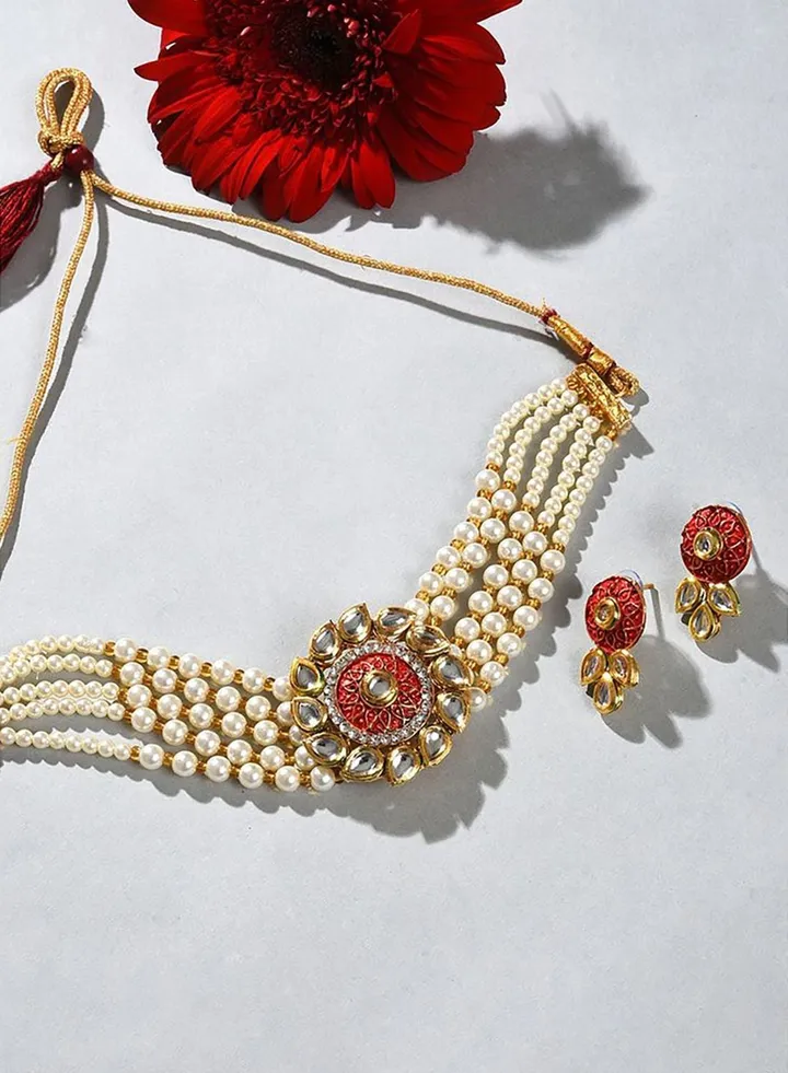Gold Plated Kundan Pearl Necklace and Earrings Set