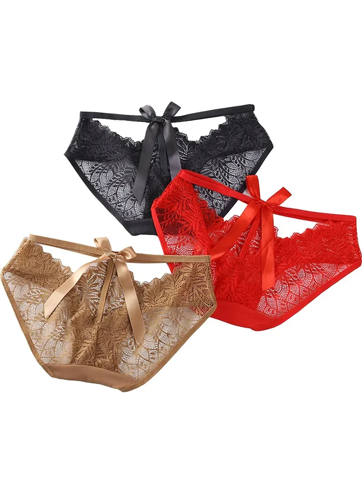 3 Pcs Women Girl Lace Briefs Set Swimming wear Underwear Anti-bacterial Breathable Waist Body Shaper Underpants Panty Slimming Elastic Briefs,Honeymoon Evening Wear L