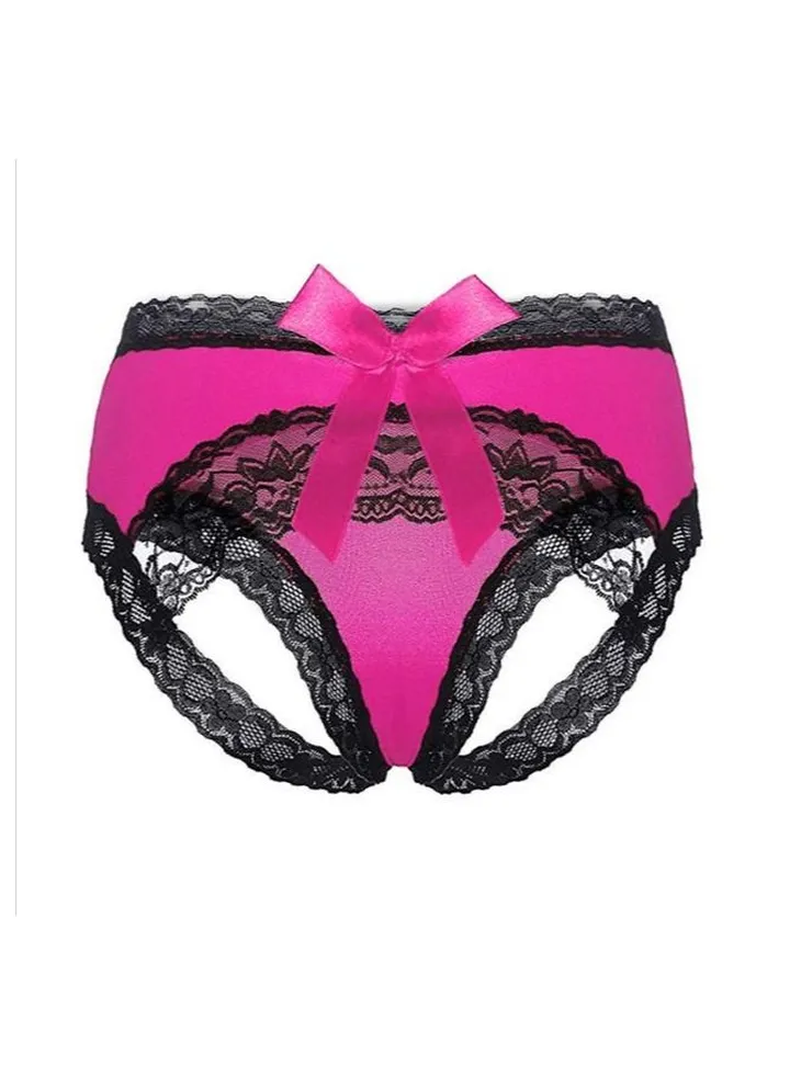 Women Breathable Bowknot Lace Bikini Panties Crotchless Underwear Briefs