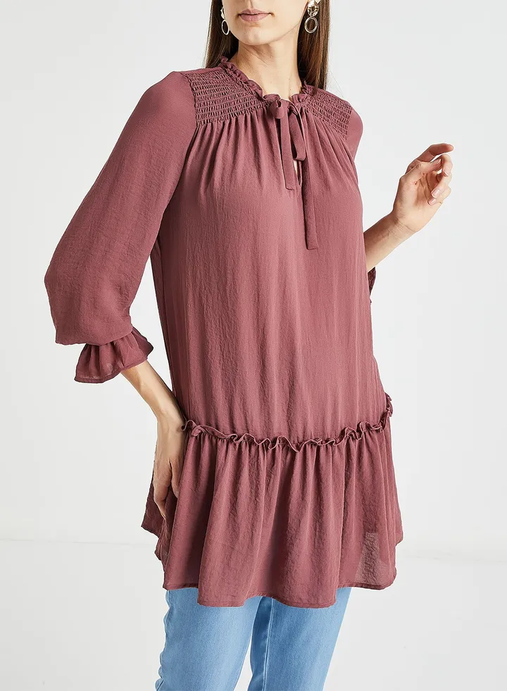 Gather Detailed Tunic Rose Brown