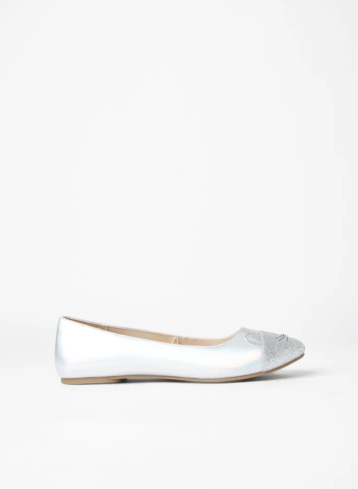 Kids Cat Graphic Ballerinas Silver