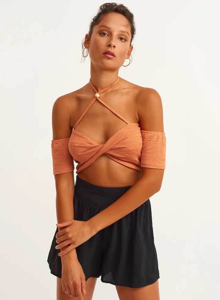 Off-The-Shoulder Crop Top Blouse Peach