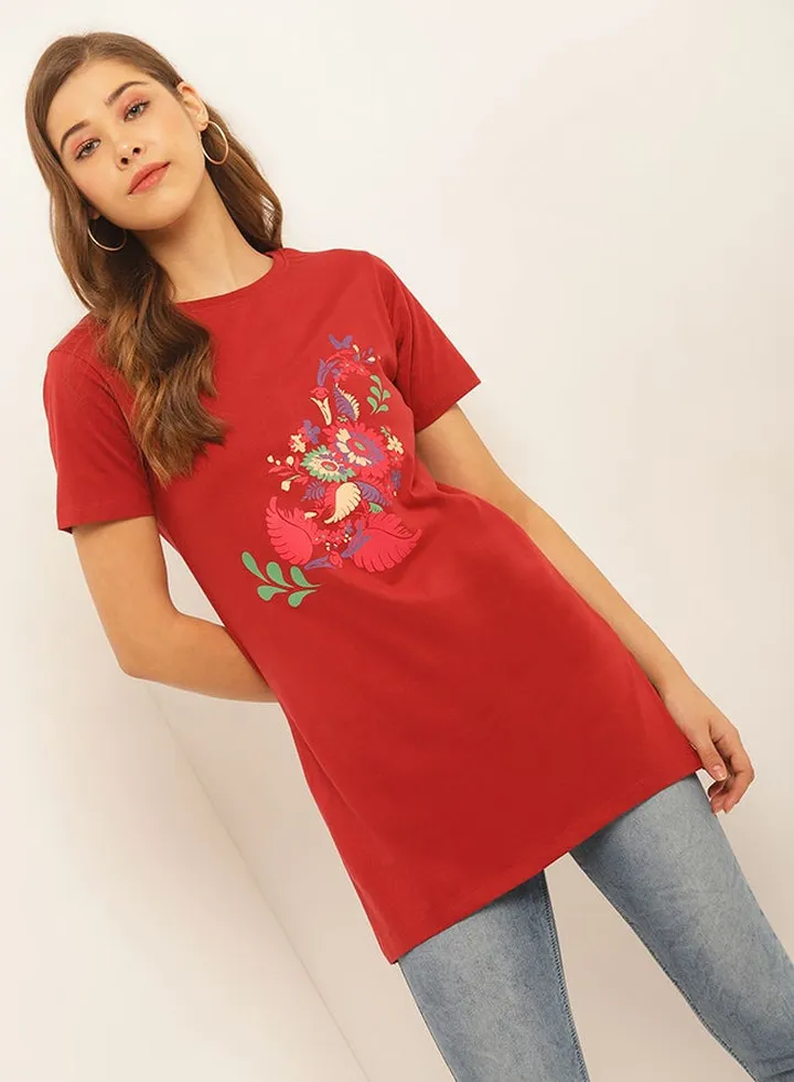 Printed Round Neck Casual Wear Tunic Rust Red