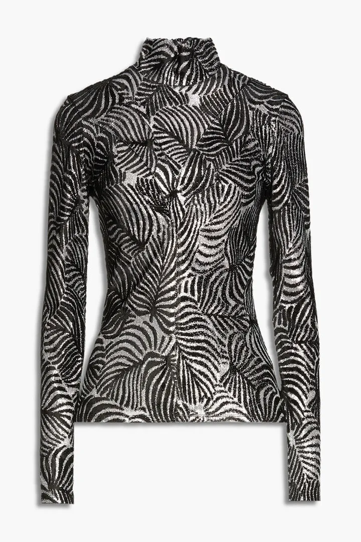 Metallic velvet-jacquard turtleneck top