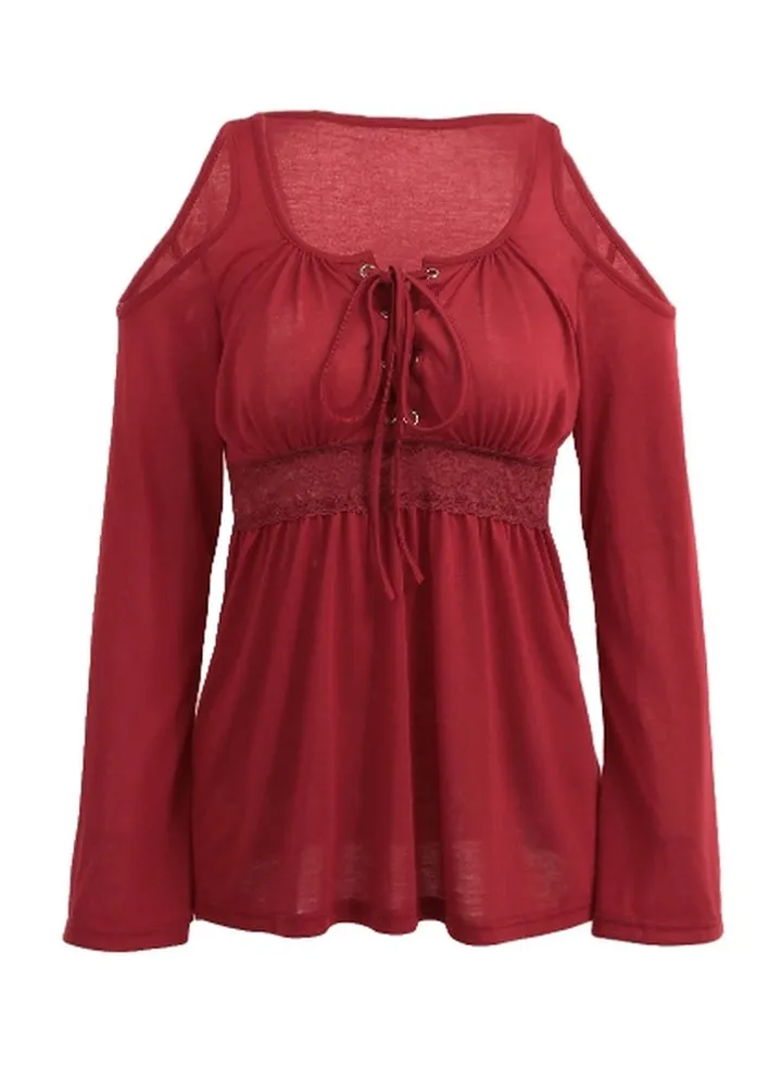 Cold Shoulder Lace-Up Long Sleeves Tunic Burgundy