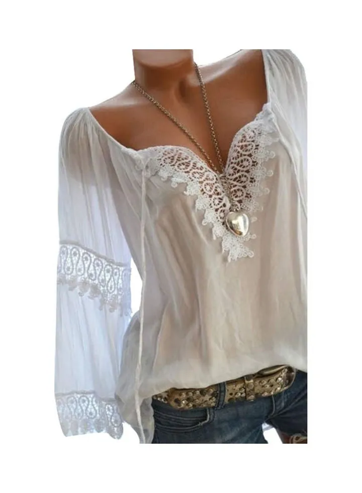 Autumn Elegant Hollow Lace Stitching Long Sleeve Top White