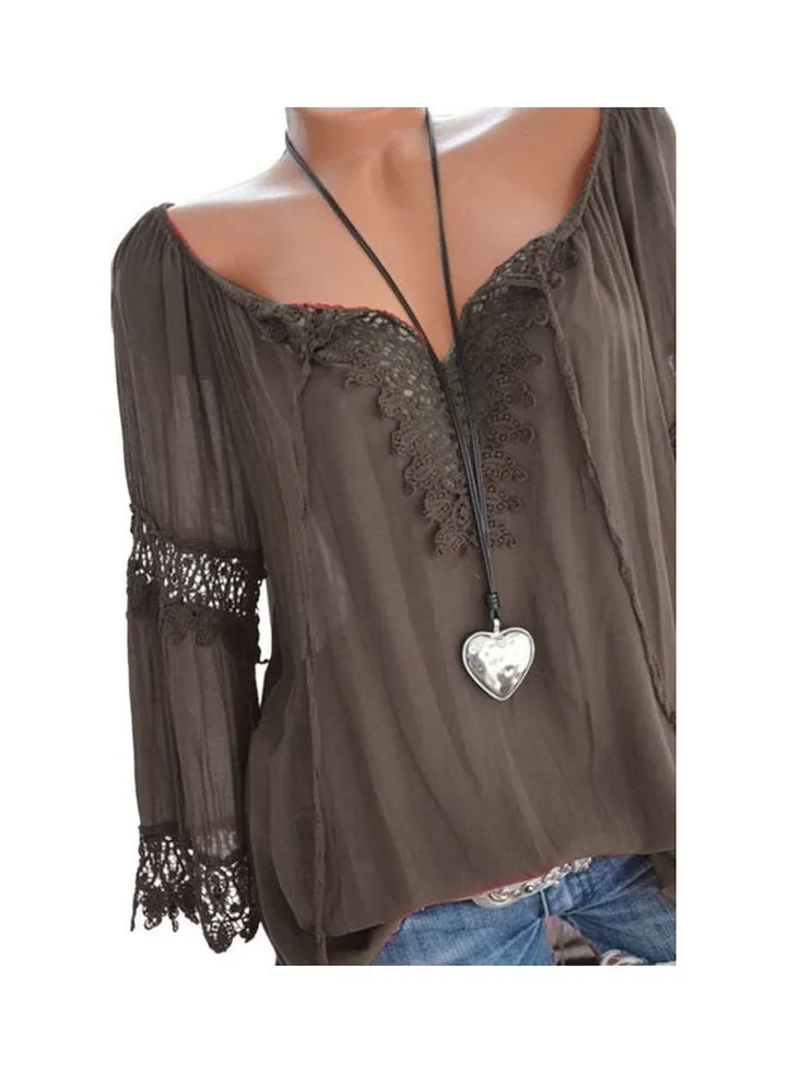 Autumn Elegant Hollow Lace Stitching Long Sleeve Top Brown