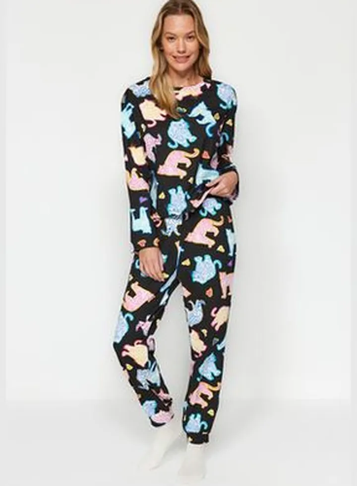 Black 100% Cotton Leopard Print Tshirt-Jogger Knitted Pajamas Set THMAW24PT00158.