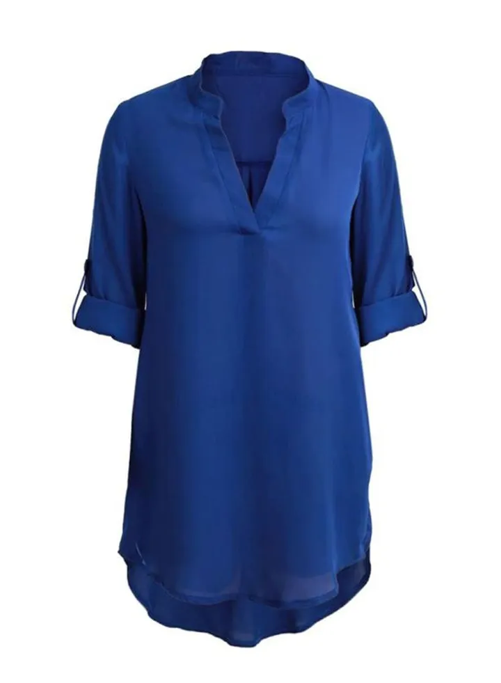 Solid Pattern Collared Neck Tunic Top Blue