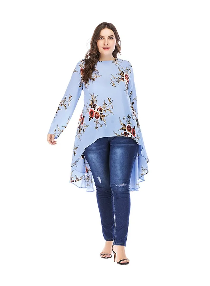 Floral Round Neck Long Sleeves Top Sky blue