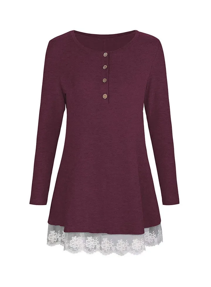 Long Sleeve Lace Hem Top Burgundy