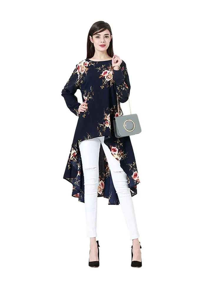 Floral Round Neck Long Sleeves Top Blue