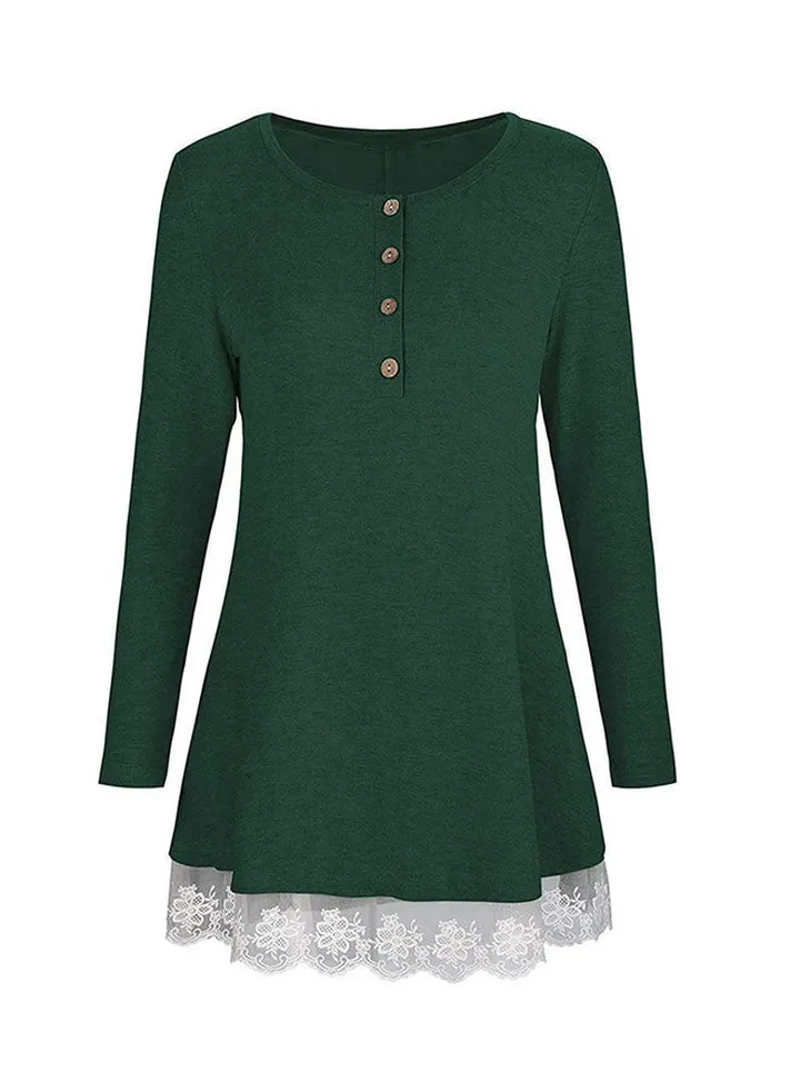 Long Sleeve Lace Hem Top Green