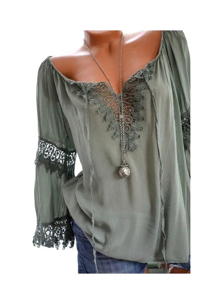 Autumn Elegant Hollow Lace Stitching Long Sleeve Top Green