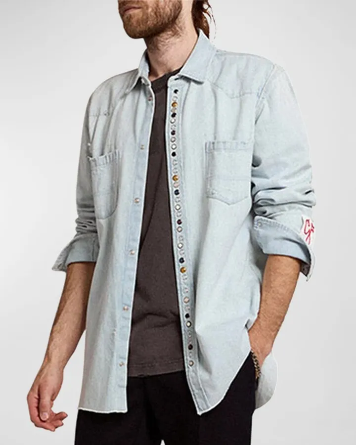 Men's Distressed Bleach Denim Button-Stud Sport Shirt