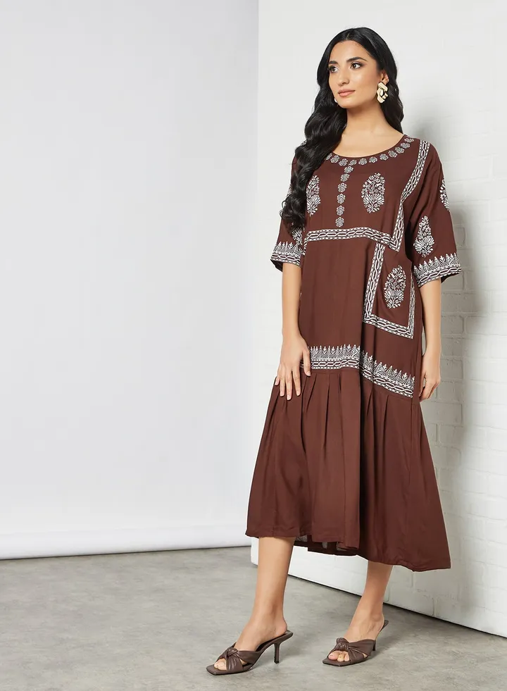 Elegant Pocket Detail Printed Jalabiya Brown/White