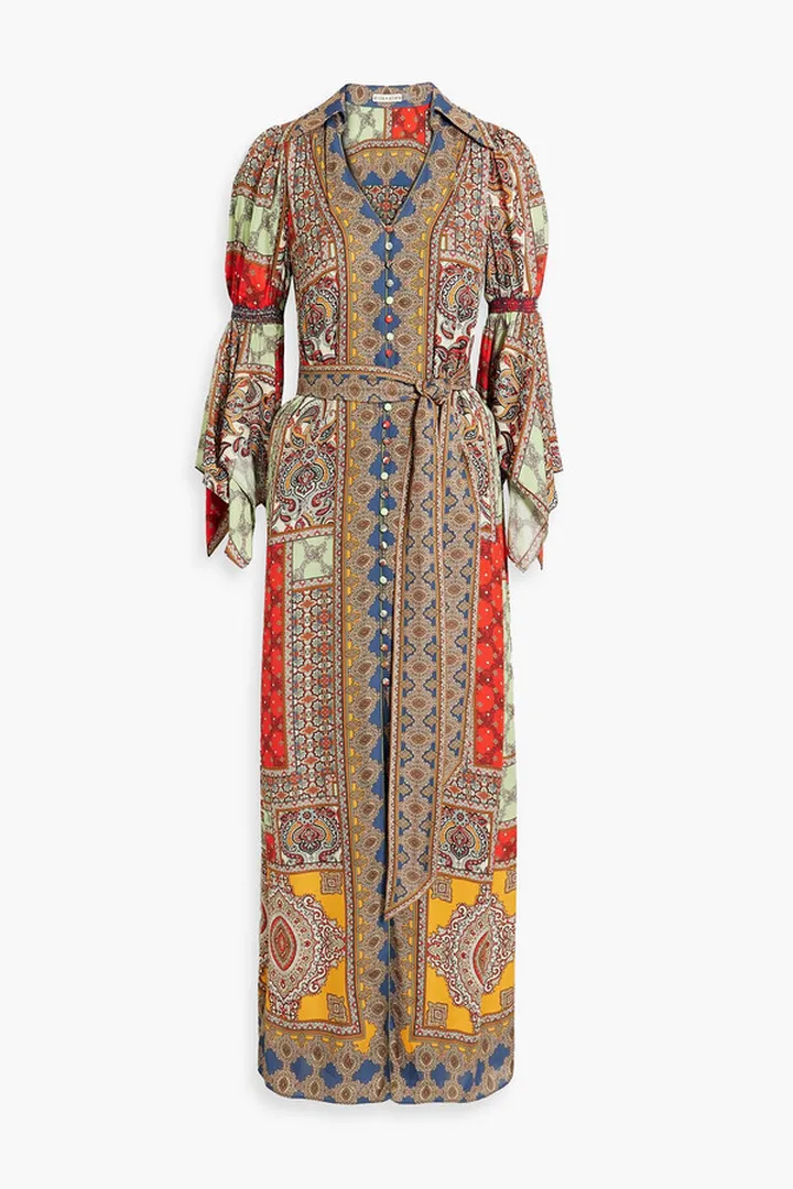 Jaylen belted printed crepe de chine maxi dress