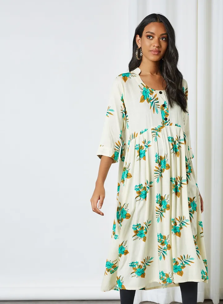 Stylish Printed Jalabiya White/Green