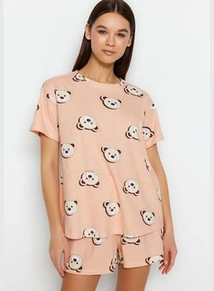 Salmon 100% Cotton Teddy Bear Printed T-shirt-Shorts and Knitted Pajamas Set.