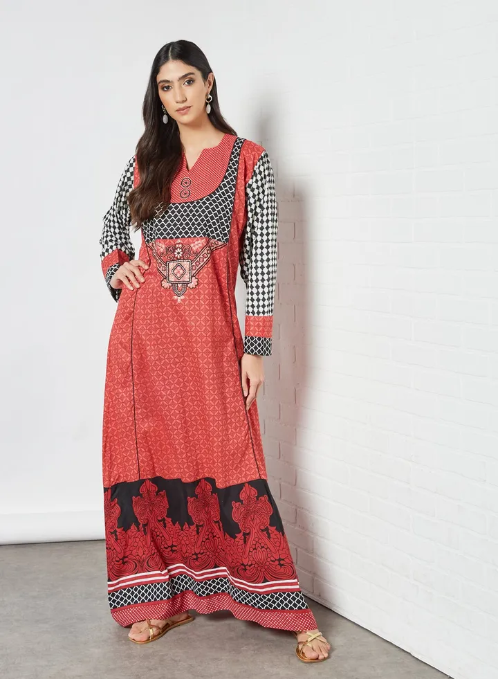 Sara Harlequin Print Jalabiya Black/Red/White