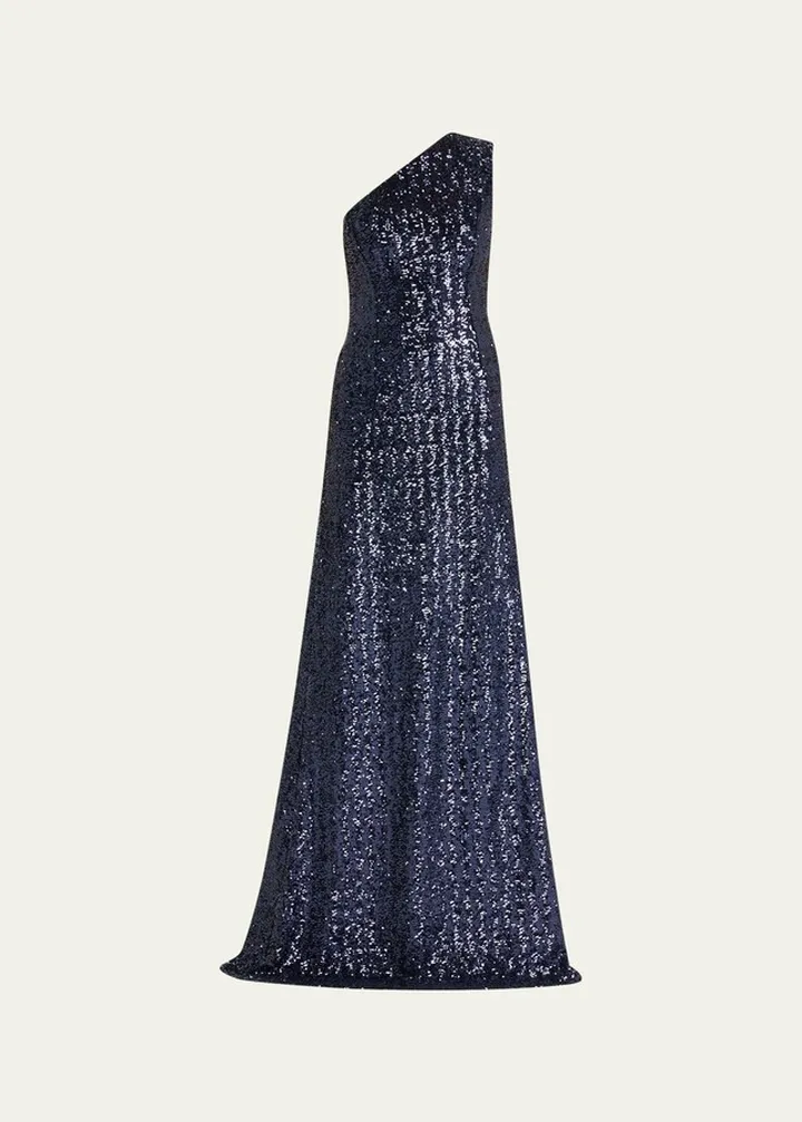 Sequin Embellished One-Shoulder Gown