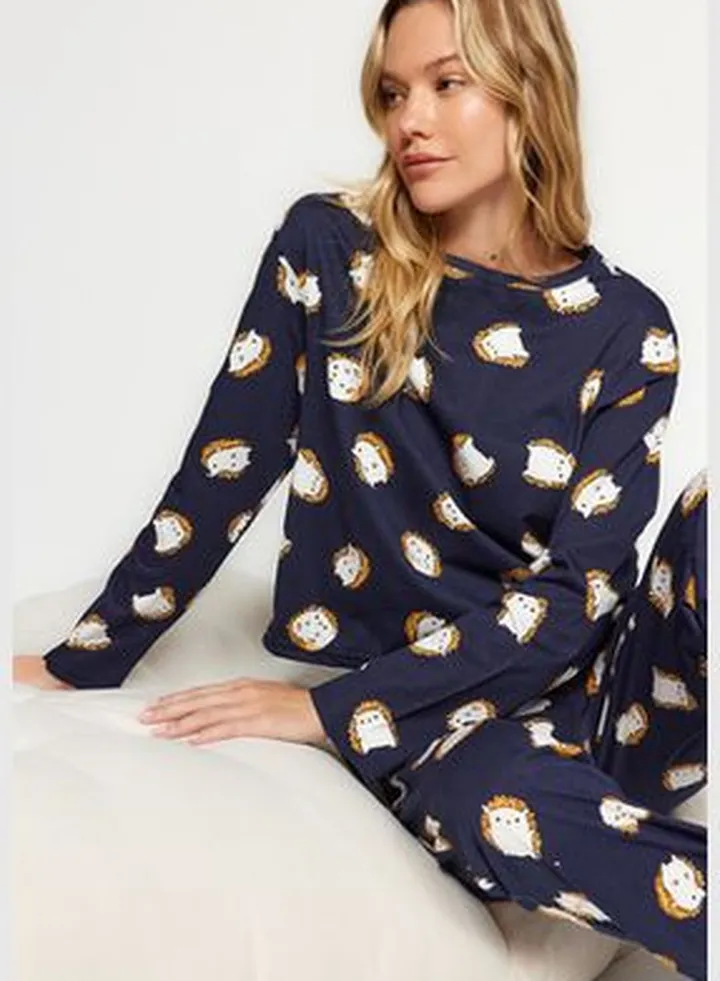 Navy Blue 100% Cotton Tshirt-Jogger Knitted Pajamas Set THMAW24PT00136