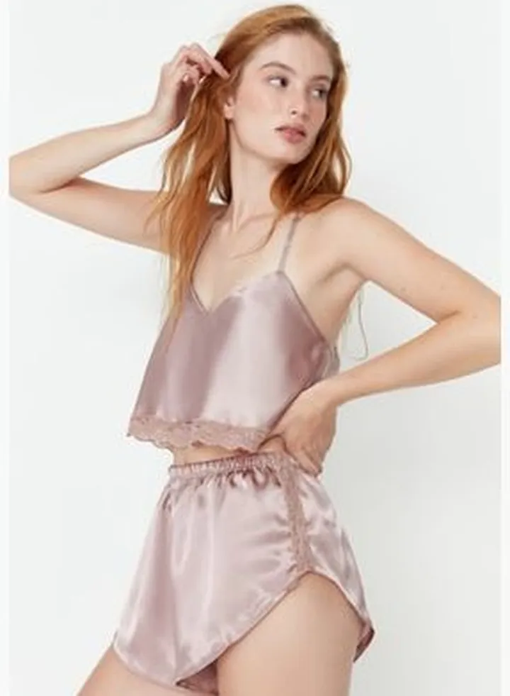 Brown Lace Detailed Crop Satin Singlet-Shorts Woven Pajamas Set.